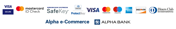 Accepted: Visa secure, Mastercard ID check, American Express Safe Key, VISA, Mastercard, Masterpass, American Express, Discover, Diners Club International. By Alpha e-Commerce, Alpha Bank.