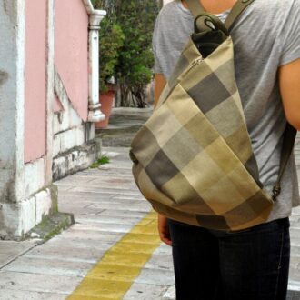 KALLIOPE BACKPACK λαδί καρώ καμβάς – δέρμα