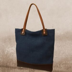 MELISSA SHOPPING BAG blue linen cotton canvas- leather